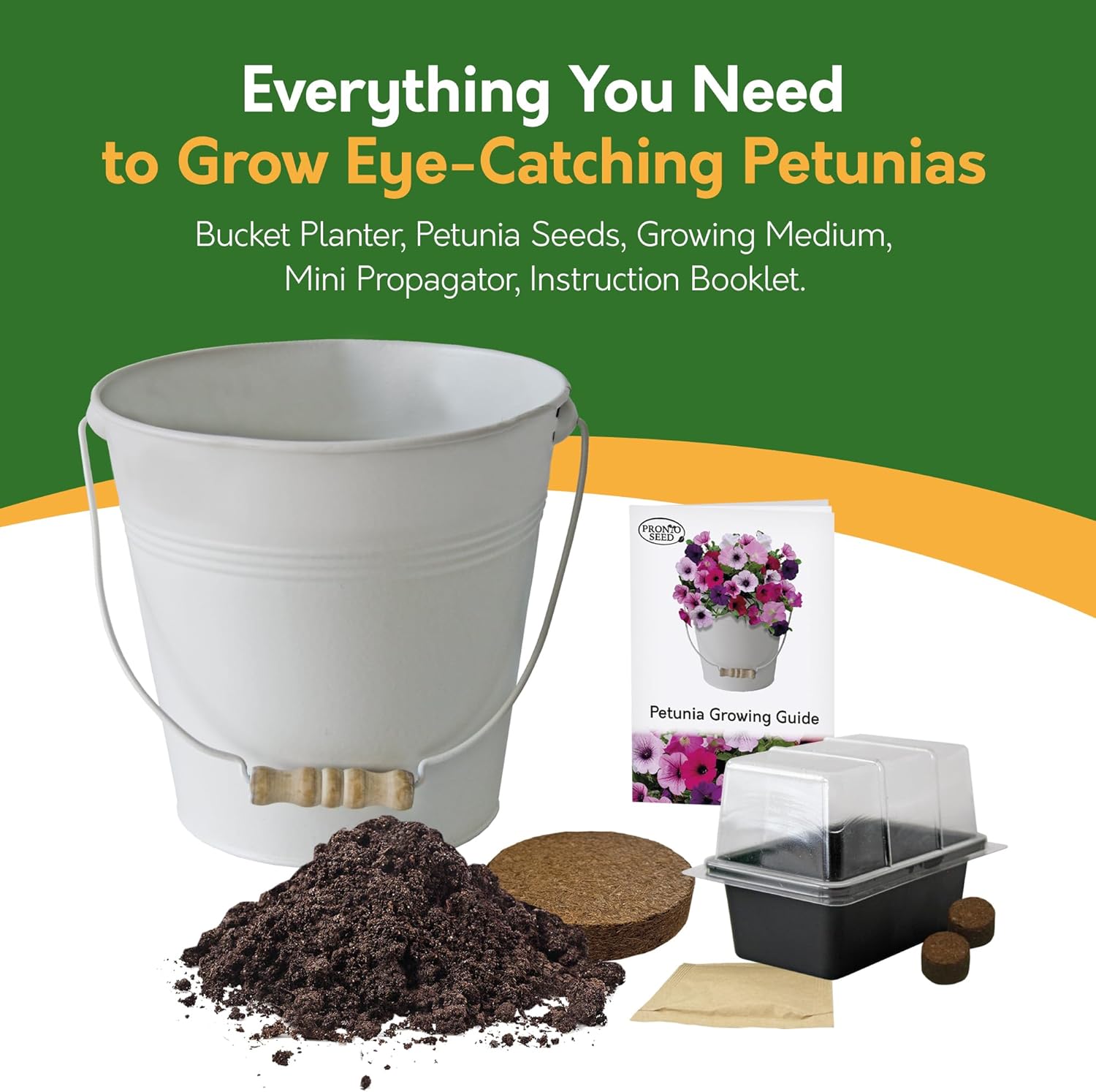 Gardening kit with bucket planter, petunia seeds, growing medium, mini propagator, and instruction booklet on a green background.