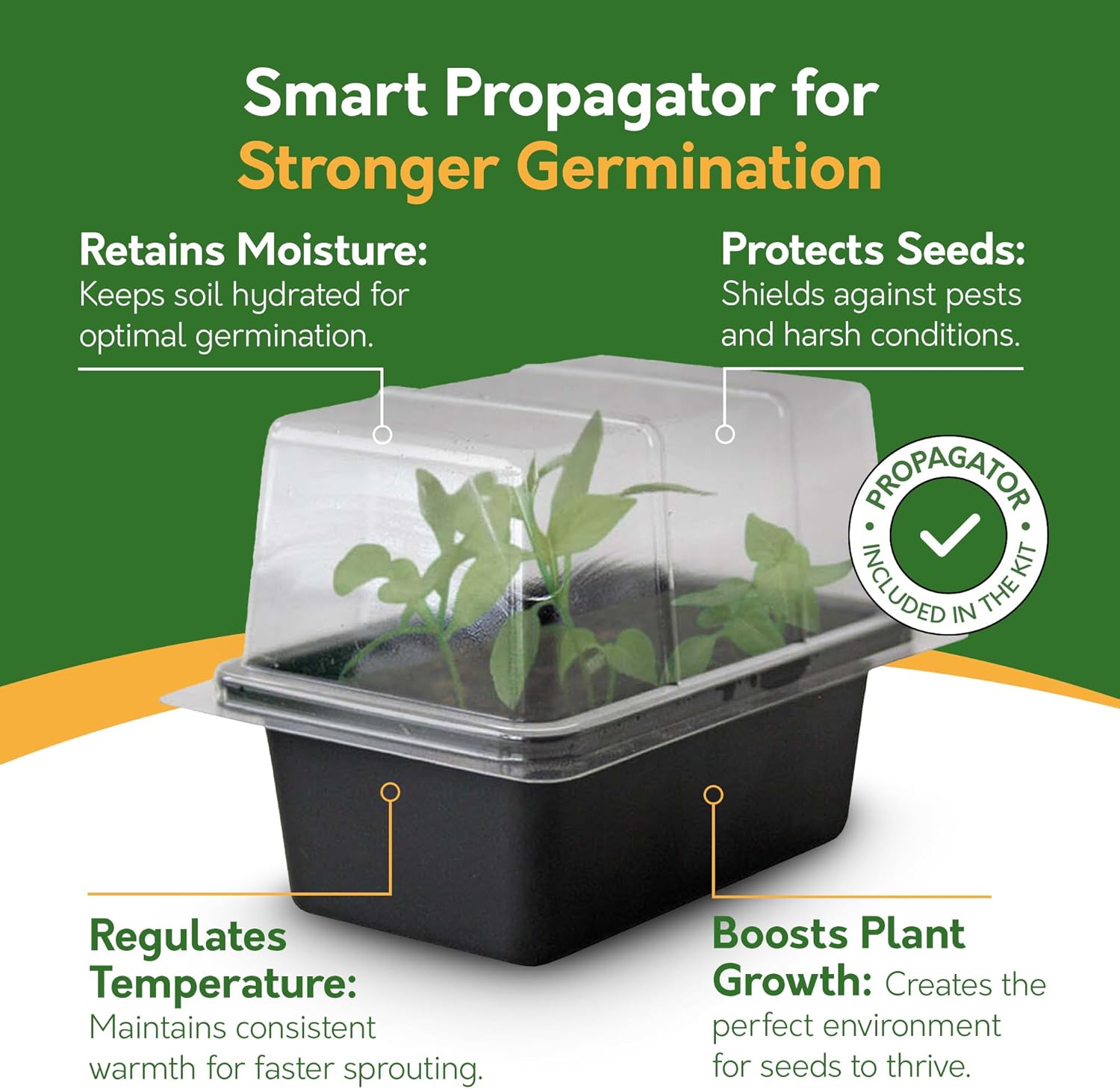Smart propagator for stronger germination with text highlighting its features on a green background.