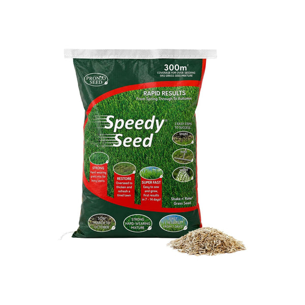 A bag of Speedy Seeds Speedy Seed lawn restoration product shown on a white background with a small pile of the seed mix in front.