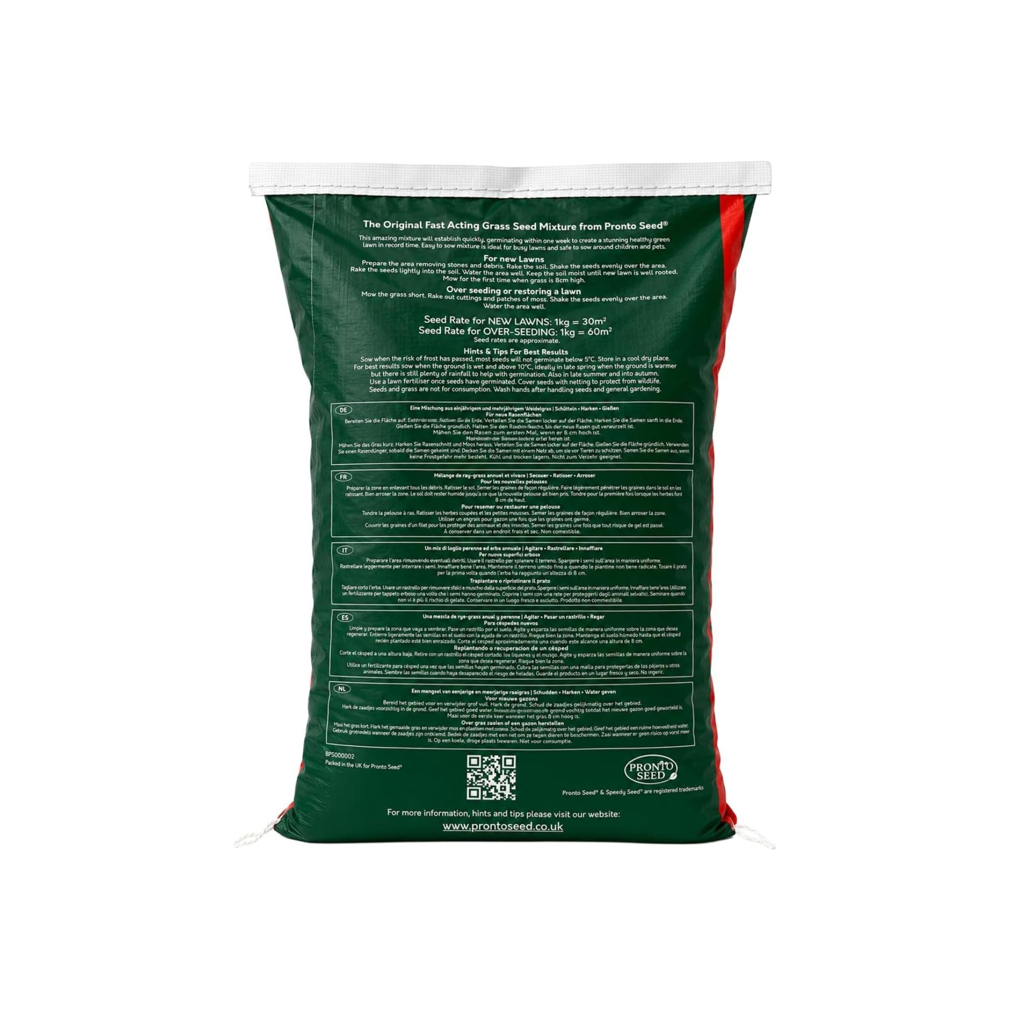 A green bag of  Pronto Speedy Grass seed mixture, showing the back of the packaging with white text, a QR code, and a red stripe on the right side, isolated on a white background.
