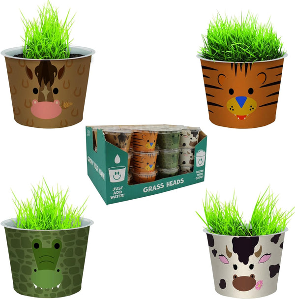 Grass Head Grow Pots - Mixed Pack of 36 (Snappy Crocodile, Daisy the Cow, Rory the Tiger, and Chester the Horse)