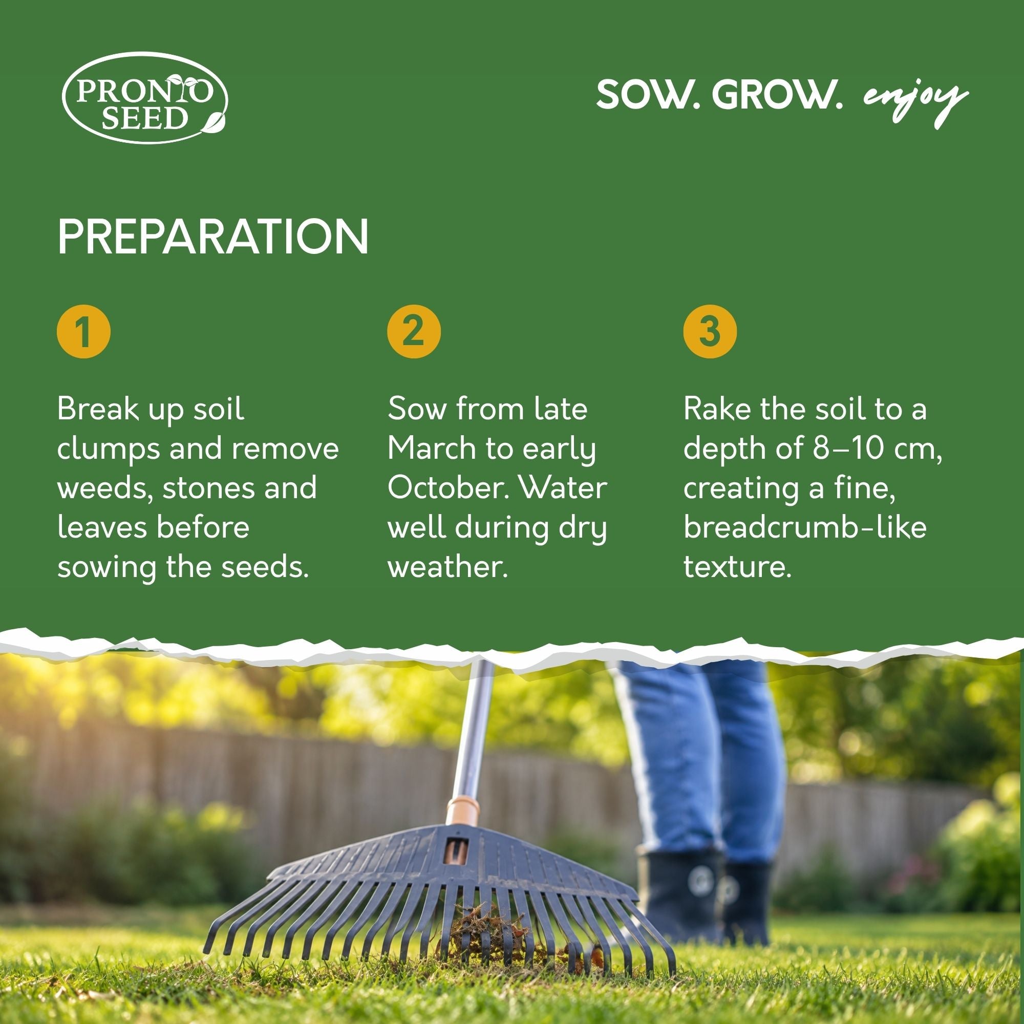 An informational lawn preparation graphic from Pronto Seed. The top half is a dark green panel with the Pronto Seed logo, the slogan 'SOW.