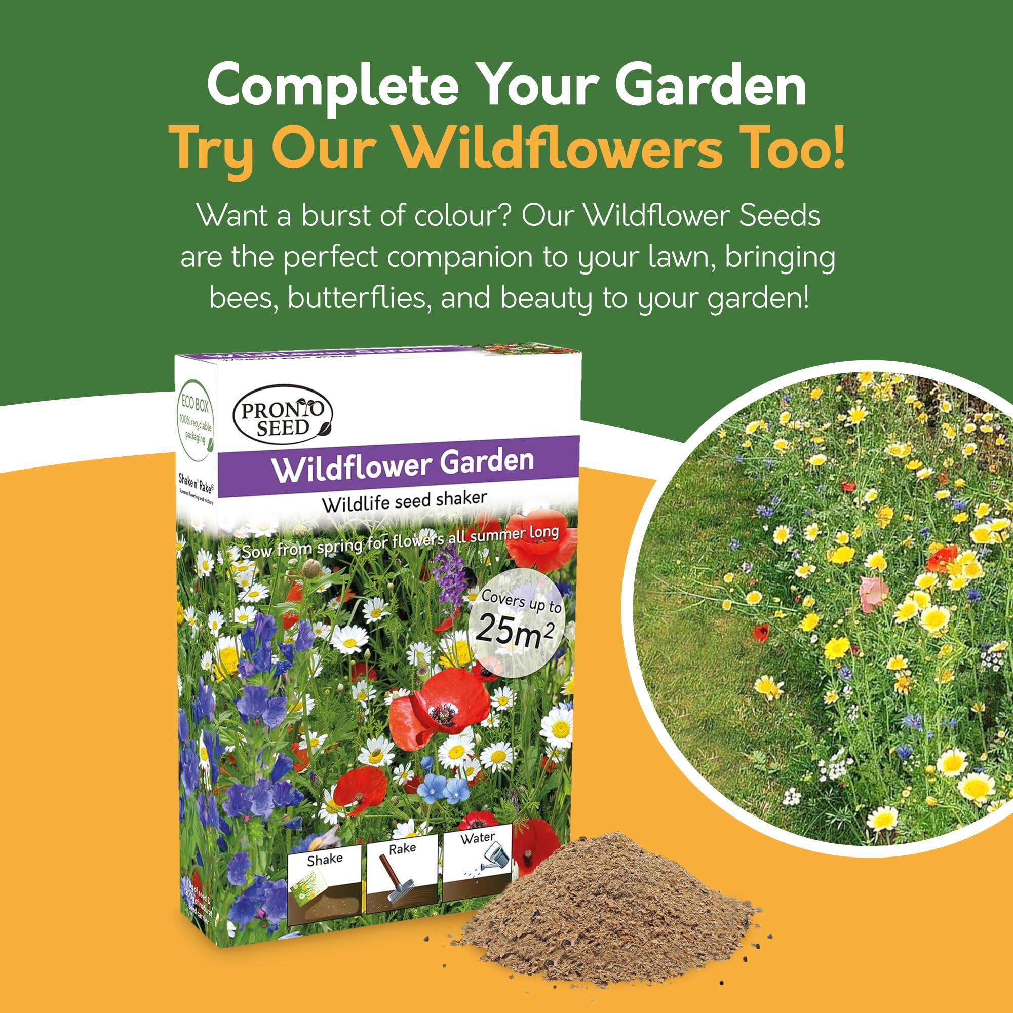 Promotional image of a wildflower seed packet with text encouraging gardeners to try wildflowers.